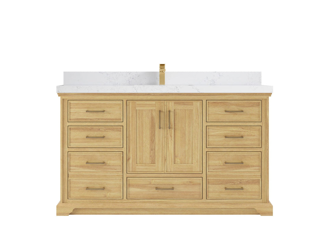 Charlotte Teak 60 in. W x 22 in. D Single Sink Bathroom Vanity in Light Natural with 2 in Empira White Quartz Countertop