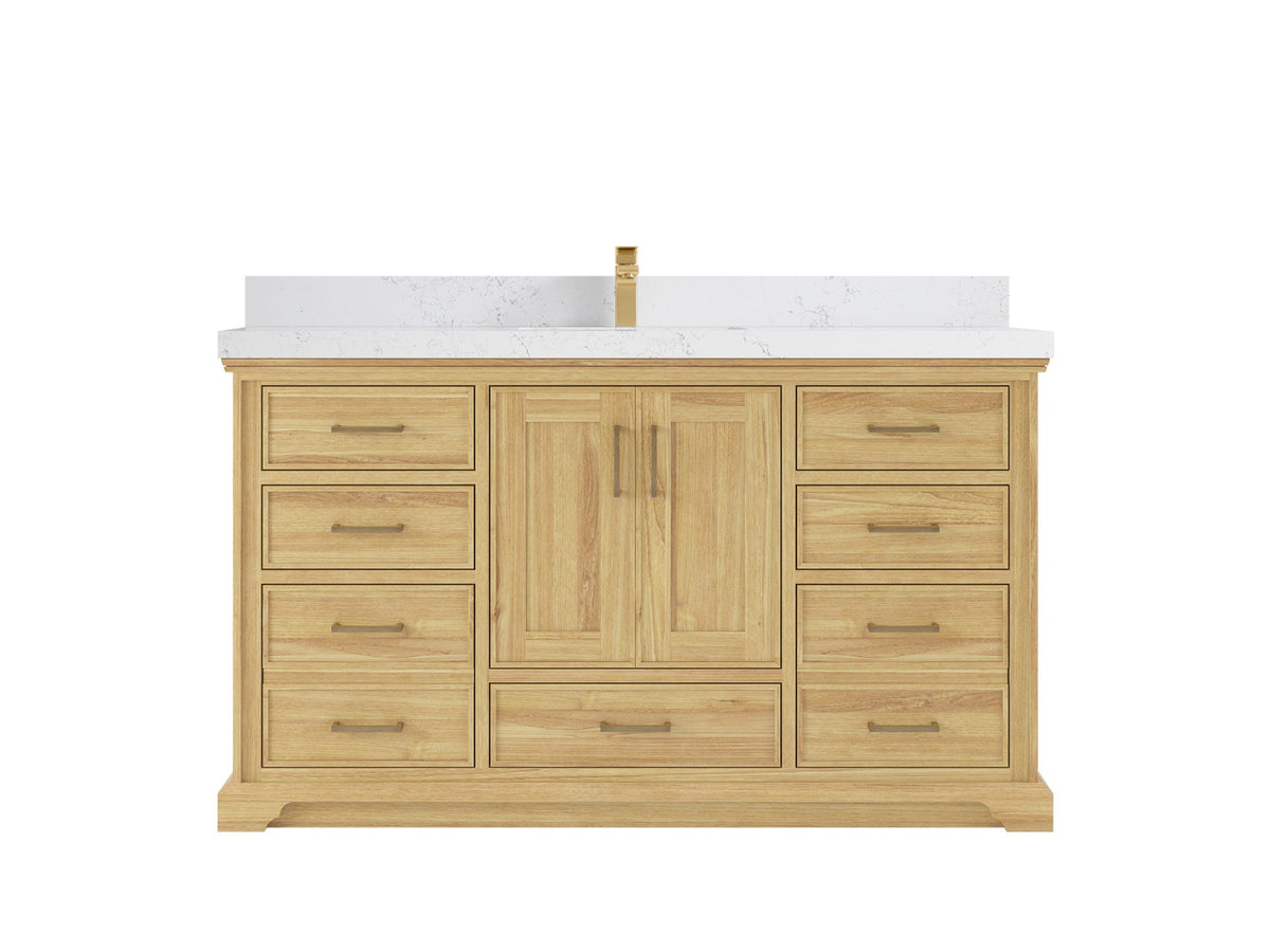Charlotte Teak 60 in. W x 22 in. D Single Sink Bathroom Vanity in Light Natural with 2 in Empira White Quartz Countertop