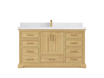 Charlotte Teak 60 in. W x 22 in. D Single Sink Bathroom Vanity in Light Natural with 2 in Empira White Quartz Countertop