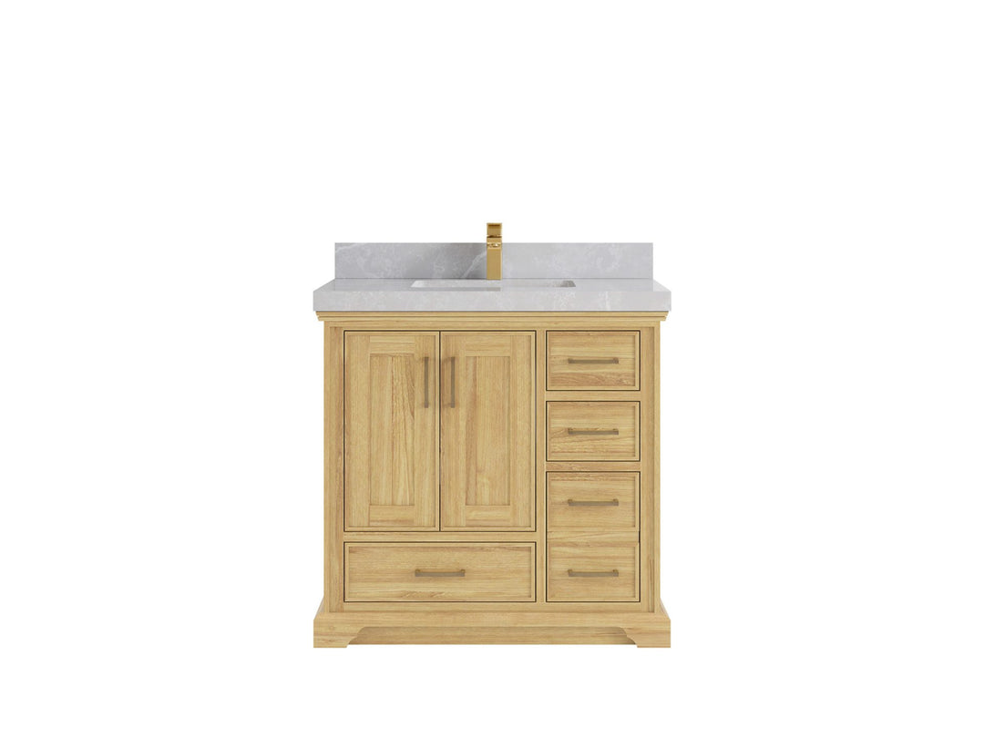 Charlotte Teak 36 in. W x 22 in. D Center Sink Bathroom Vanity in Light Natural with 2 in Pearl Light Gray Quartz Countertop 