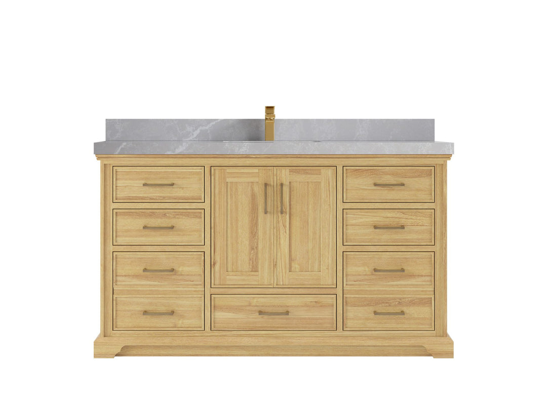 Charlotte Teak 60 in. W x 22 in. D Single Sink Bathroom Vanity in Light Natural with 2 in Pearl Light Gray Quartz Countertop 