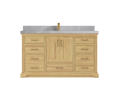Charlotte Teak 60 in. W x 22 in. D Single Sink Bathroom Vanity in Light Natural with 2 in Pearl Light Gray Quartz Countertop