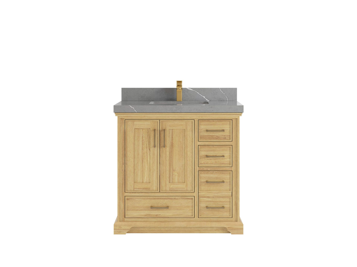 Charlotte Teak 36 in. W x 22 in. D Center Sink Bathroom Vanity in Light Natural with 2 in Piatra Gray Quartz Countertop