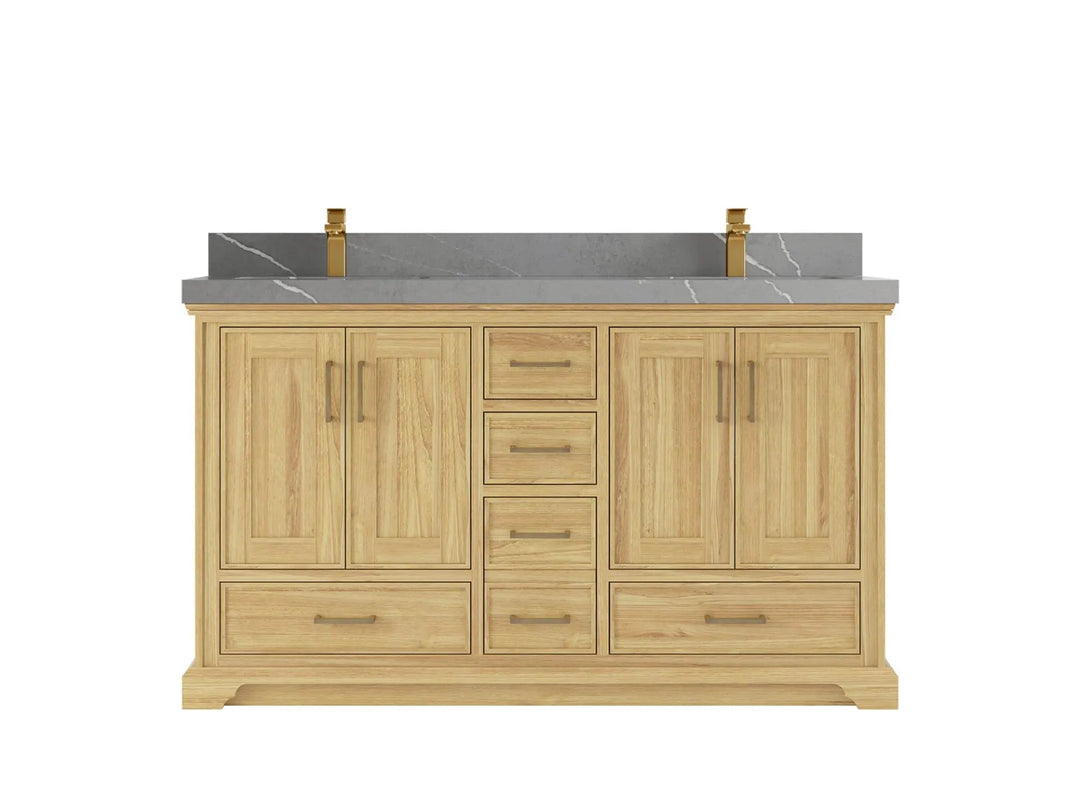 Charlotte Teak 60 in. W x 22 in. D Double Sink Bathroom Vanity in Light Natural with 2 in Piatra Gray Quartz Countertop