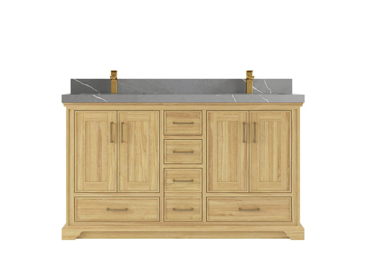 Charlotte Teak 60 in. W x 22 in. D Double Sink Bathroom Vanity in Light Natural with 2 in Piatra Gray Quartz Countertop