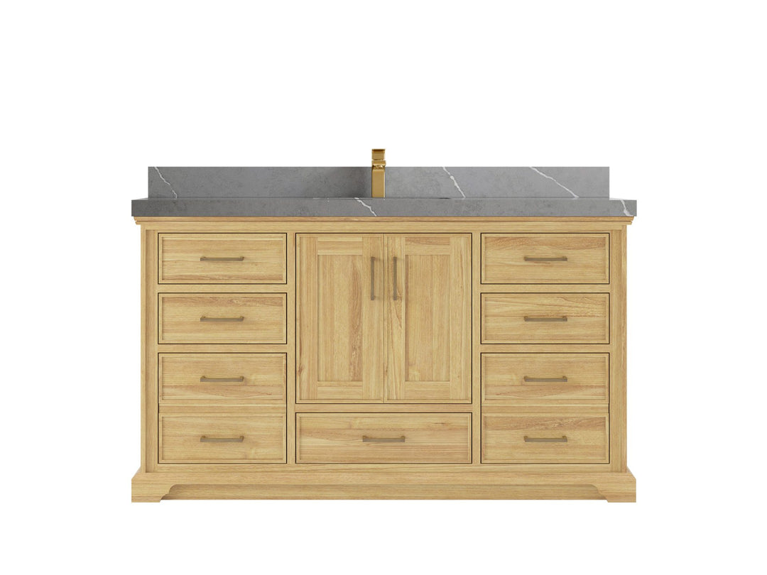 Charlotte Teak 60 in. W x 22 in. D Single Sink Bathroom Vanity in Light Natural with 2 in Piatra Gray Quartz Countertop