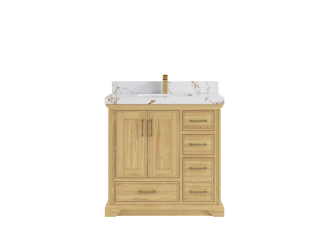 Charlotte Teak 36 in. W x 22 in. D Center Sink Bathroom Vanity in Light Natural with 2 in Viola Brown Quartz Countertop 