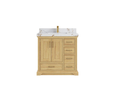 Charlotte Teak 36 in. W x 22 in. D Center Sink Bathroom Vanity in Light Natural with 2 in Viola Brown Quartz Countertop
