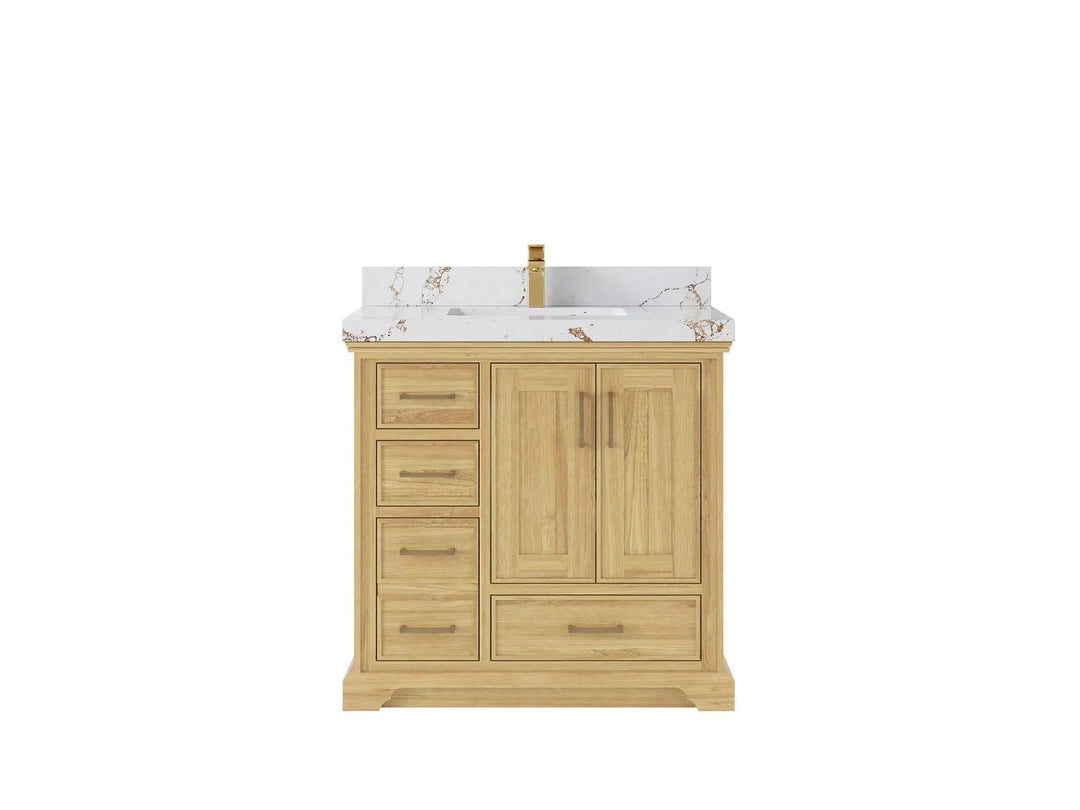 Charlotte Teak 36 in. W x 22 in. D Center Sink Bathroom Vanity in Light Natural with 2 in Viola Brown Quartz Countertop 