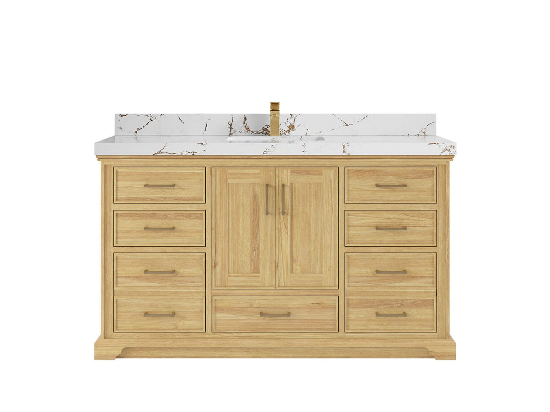 Charlotte Teak 60 in. W x 22 in. D Single Sink Bathroom Vanity in Light Natural with 2 in Viola Brown Quartz Countertop 