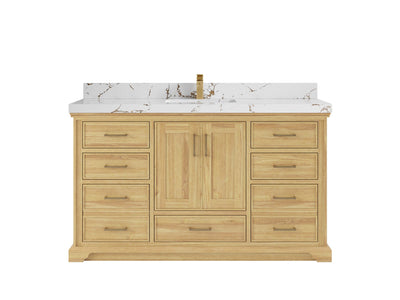 Charlotte Teak 60 in. W x 22 in. D Single Sink Bathroom Vanity in Light Natural with 2 in Viola Brown Quartz Countertop