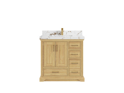 Charlotte Teak 36 in. W x 22 in. D Center Sink Bathroom Vanity in Light Natural with 2 in Viola Gold Quartz Countertop