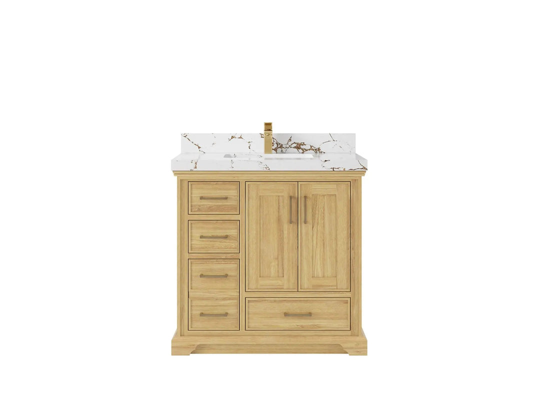 Charlotte Teak 36 in. W x 22 in. D Center Sink Bathroom Vanity in Light Natural with 2 in Viola Gold Quartz Countertop