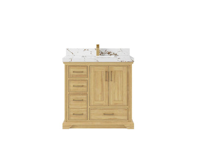 Charlotte Teak 36 in. W x 22 in. D Center Sink Bathroom Vanity in Light Natural with 2 in Viola Gold Quartz Countertop