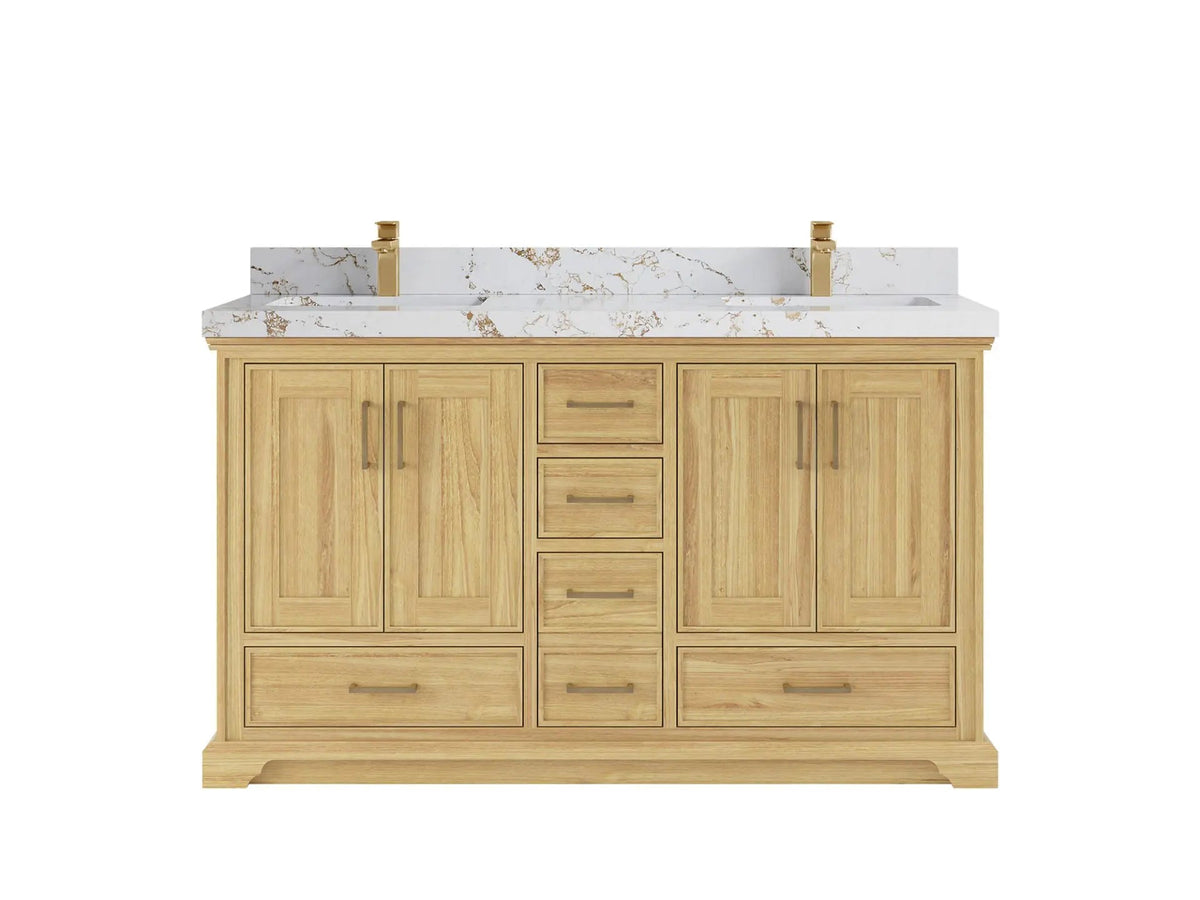 Charlotte Teak 60 in. W x 22 in. D Double Sink Bathroom Vanity in Light Natural with 2 in Viola Gold Quartz Countertop