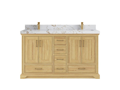 Charlotte Teak 60 in. W x 22 in. D Double Sink Bathroom Vanity in Light Natural with 2 in Viola Gold Quartz Countertop