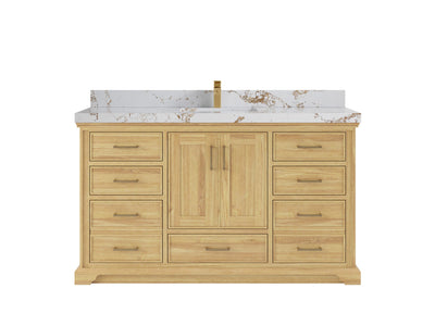 Charlotte Teak 60 in. W x 22 in. D Single Sink Bathroom Vanity in Light Natural with 2 in Viola Gold Quartz Countertop