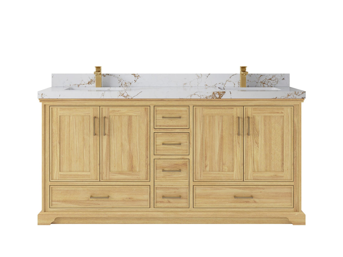 Charlotte Teak 72 in. W x 22 in. D Double Sink Bathroom Vanity in Light Natural with 2 in Viola Gold Quartz Countertop