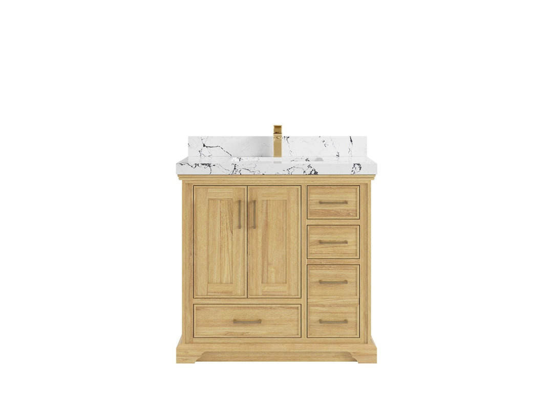 Charlotte Teak 36 in. W x 22 in. D Center Sink Bathroom Vanity in Light Natural with 2 in Viola Night Quartz Countertop 