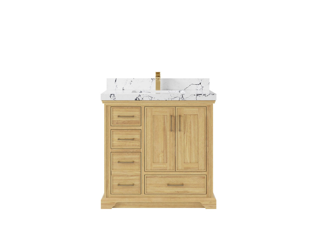 Charlotte Teak 36 in. W x 22 in. D Center Sink Bathroom Vanity in Light Natural with 2 in Viola Night Quartz Countertop 