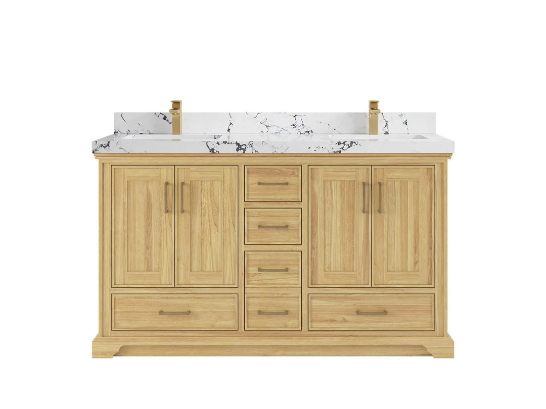 Charlotte Teak 60 in. W x 22 in. D Double Sink Bathroom Vanity in Light Natural with 2 in Viola Night Quartz Countertop 