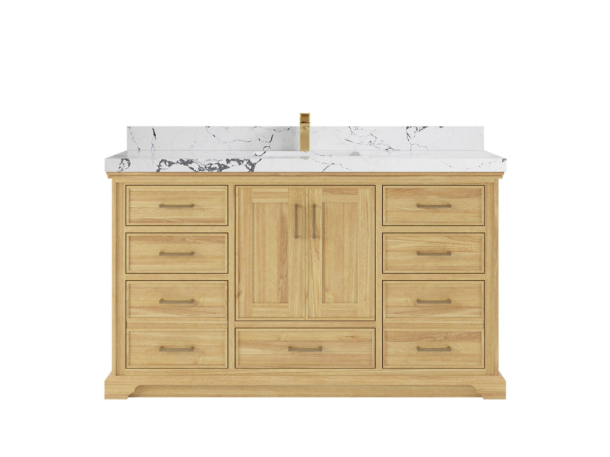 Charlotte Teak 60 in. W x 22 in. D Single Sink Bathroom Vanity in Light Natural with 2 in Viola Night Quartz Countertop