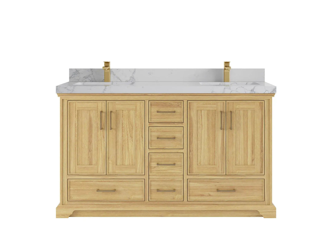 Charlotte Teak 60 in. W x 22 in. D Double Sink Bathroom Vanity in Light Natural with 2 in Venatino Quartz Countertop