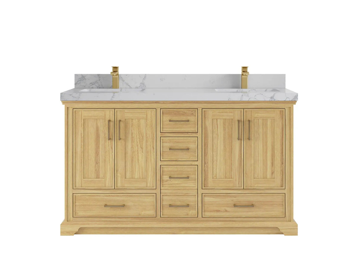 Charlotte Teak 60 in. W x 22 in. D Double Sink Bathroom Vanity in Light Natural with 2 in Venatino Quartz Countertop
