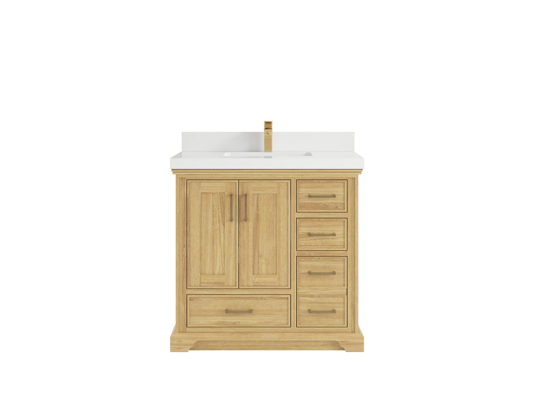 Charlotte Teak 36 in. W x 22 in. D Center Sink Bathroom Vanity in Light Natural with 2 in White Quartz Countertop 