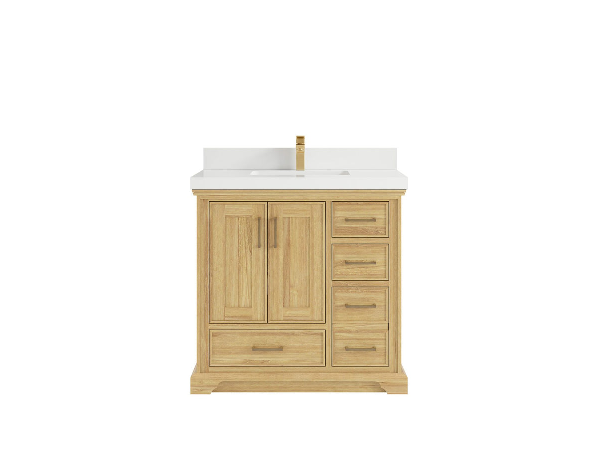 Charlotte Teak 36 in. W x 22 in. D Center Sink Bathroom Vanity in Light Natural with 2 in White Quartz Countertop