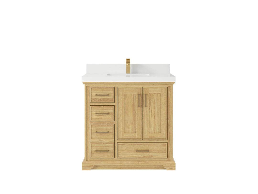 Charlotte Teak 36 in. W x 22 in. D Center Sink Bathroom Vanity in Light Natural with 2 in White Quartz Countertop 