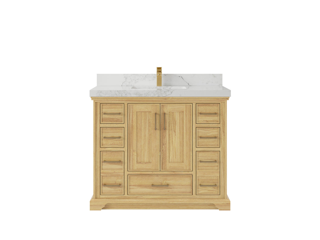 Charlotte Teak 42 in. W x 22 in. D Single Sink Bathroom Vanity in Light Natural with 2 in Calacatta Nuvo Quartz Countertop 