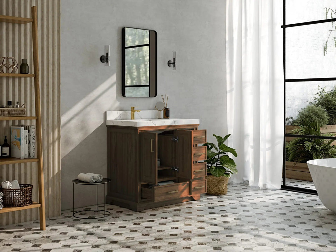 Charlotte 36 in. W x 22 in. D Left Offset Sink Bathroom Teak Wood Vanity