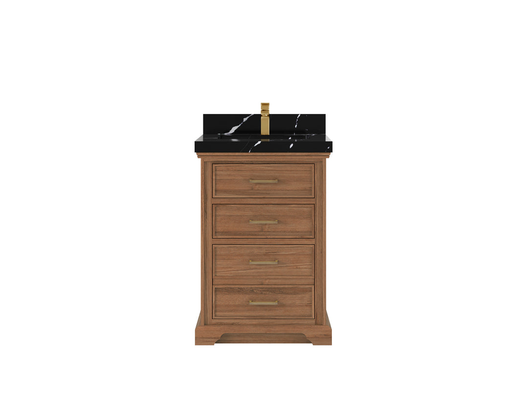 Charlotte Teak 24 in. W x 22 in. D Single Sink Bathroom Vanity in Dark Natural with 2 in Calacatta Black Quartz Countertop