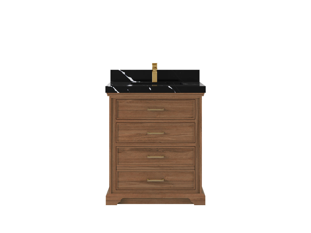Charlotte Teak 30 in. W x 22 in. D Single Sink Bathroom Vanity in Dark Natural with 2 in Calacatta Black Quartz Countertop