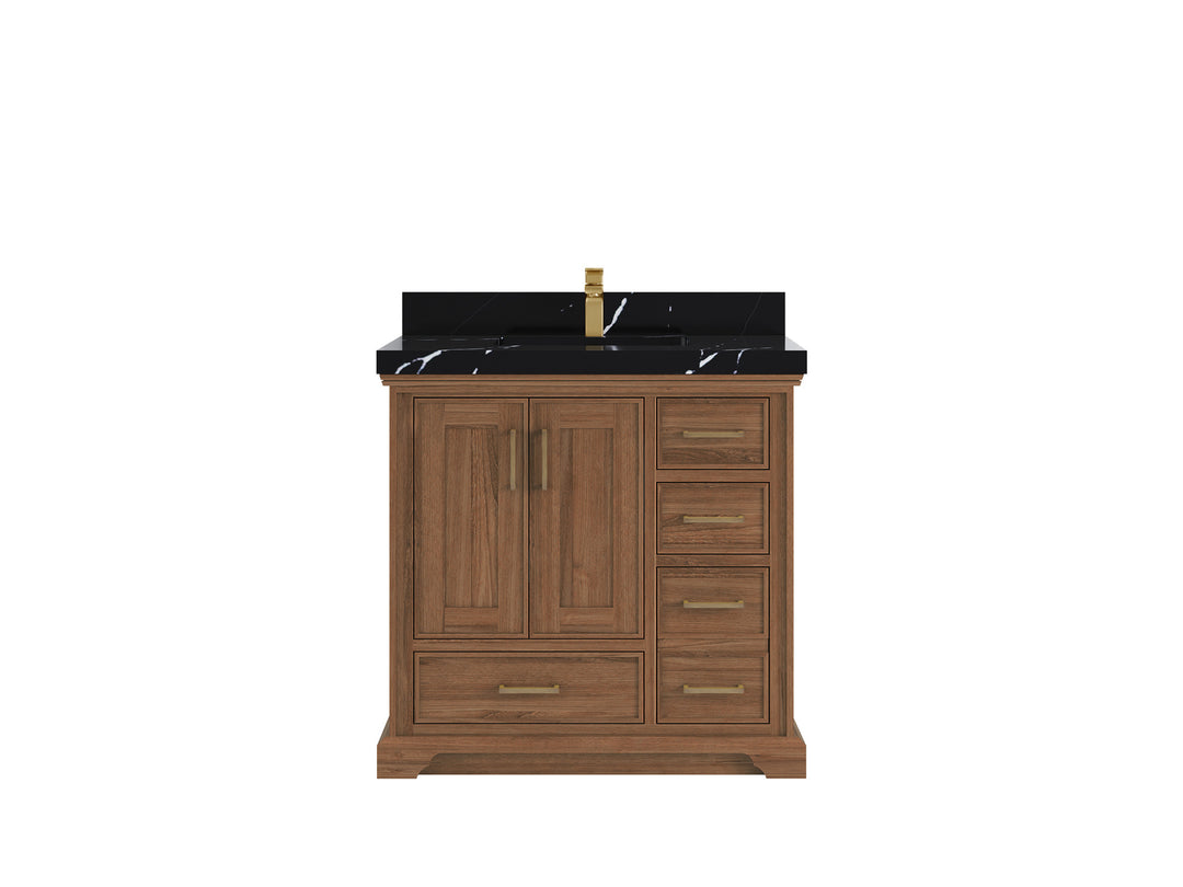 Charlotte Teak 36 in. W x 22 in. D Center Sink Bathroom Vanity in Dark Natural with 2 in Calacatta Black Quartz Countertop