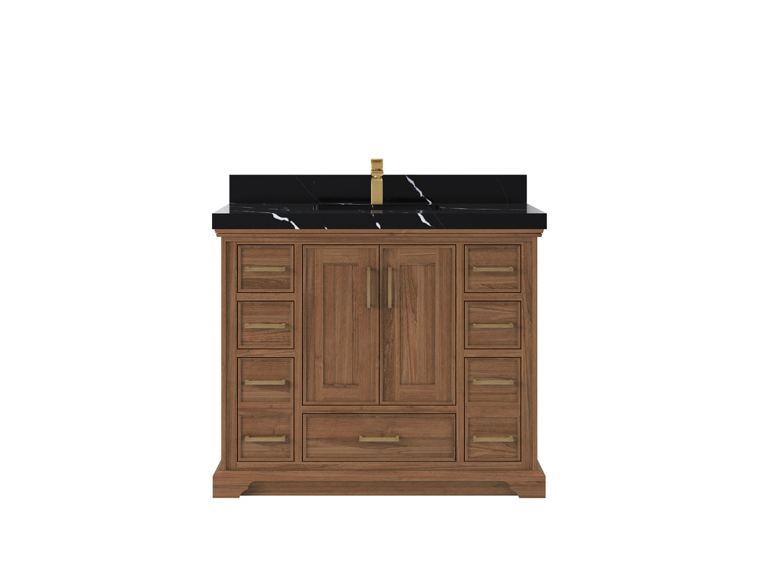Charlotte Teak 42 in. W x 22 in. D Single Sink Bathroom Vanity in Dark Natural with 2 in Calacatta Black Quartz Countertop