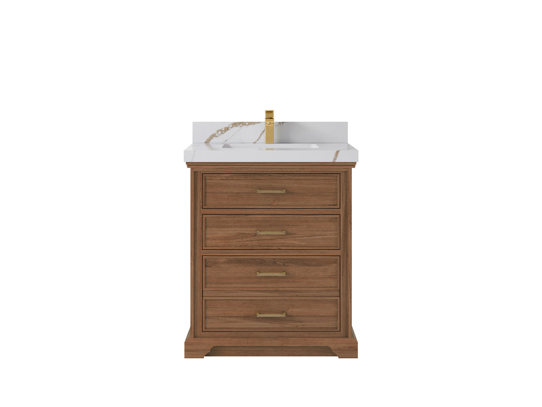Charlotte Teak 30 in. W x 22 in. D Single Sink Bathroom Vanity in Dark Natural with 2 in Calacatta Gold Quartz Countertop