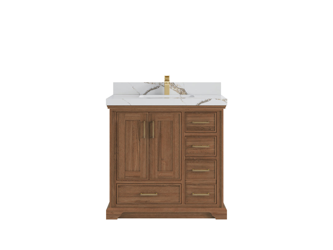 Charlotte Teak 36 in. W x 22 in. D Center Sink Bathroom Vanity in Dark Natural with 2 in Calacatta Gold Quartz Countertop