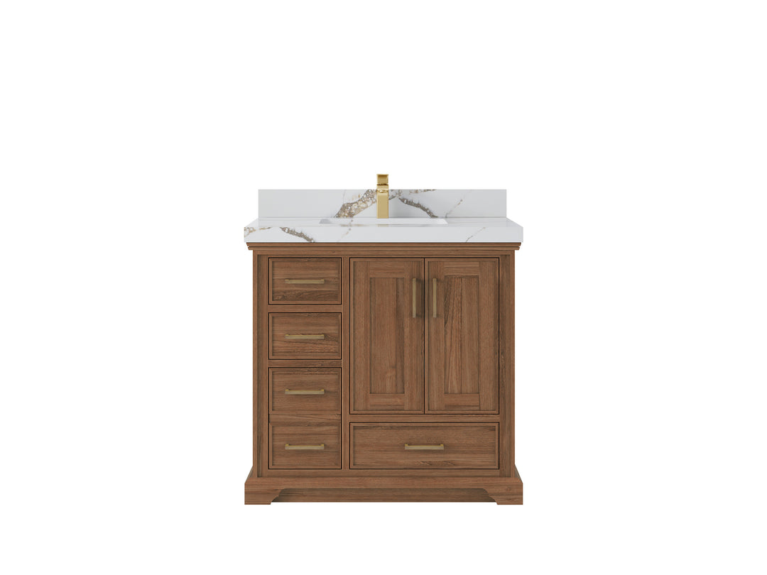 Charlotte Teak 36 in. W x 22 in. D Center Sink Bathroom Vanity in Dark Natural with 2 in Calacatta Gold Quartz Countertop