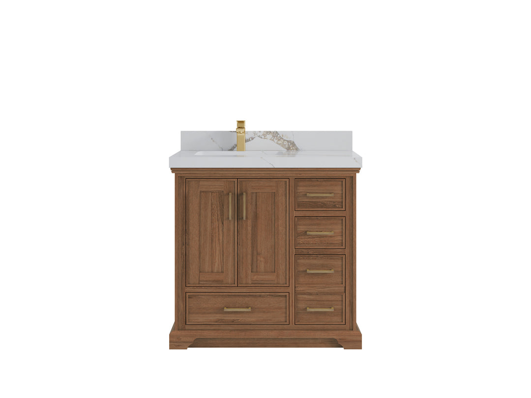 Charlotte Teak 36 in. W x 22 in. D Left Offset Sink Bathroom Vanity in Dark Natural with 2 in Calacatta Gold Quartz Countertop