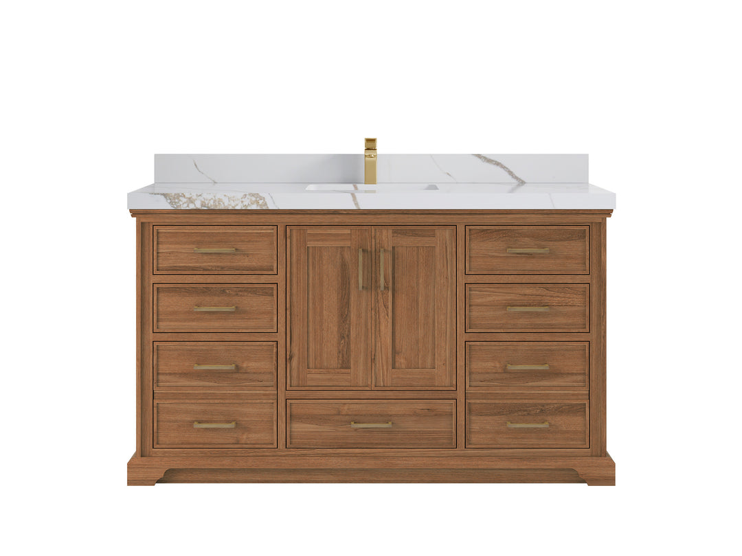 Charlotte Teak 60 in. W x 22 in. D Single Sink Bathroom Vanity in Dark Natural with 2 in Calacatta Gold Quartz Countertop