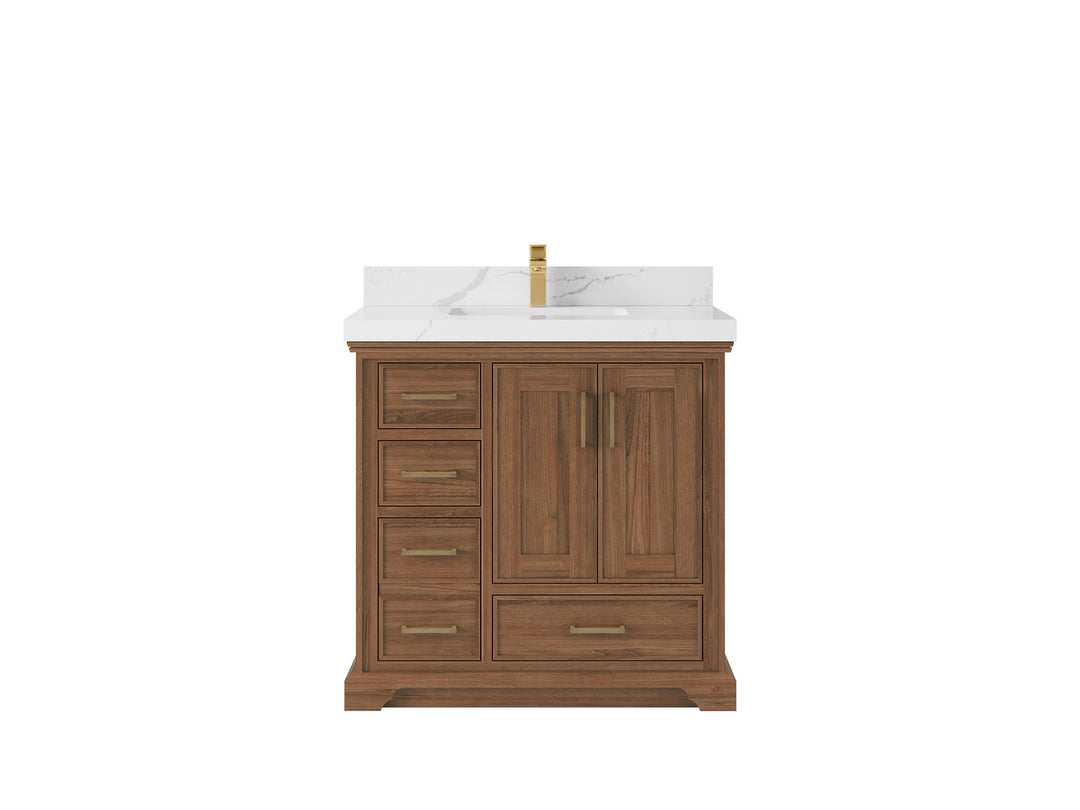 Charlotte Teak 36 in. W x 22 in. D Center Sink Bathroom Vanity in Dark Natural with 2 in Calacatta Laza Quartz Countertop