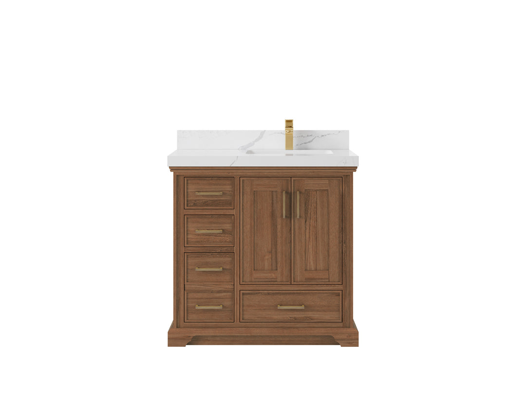 Charlotte Teak 36 in. W x 22 in. D Right Offset Sink Bathroom Vanity in Dark Natural with 2 in Calacatta Laza Quartz Countertop