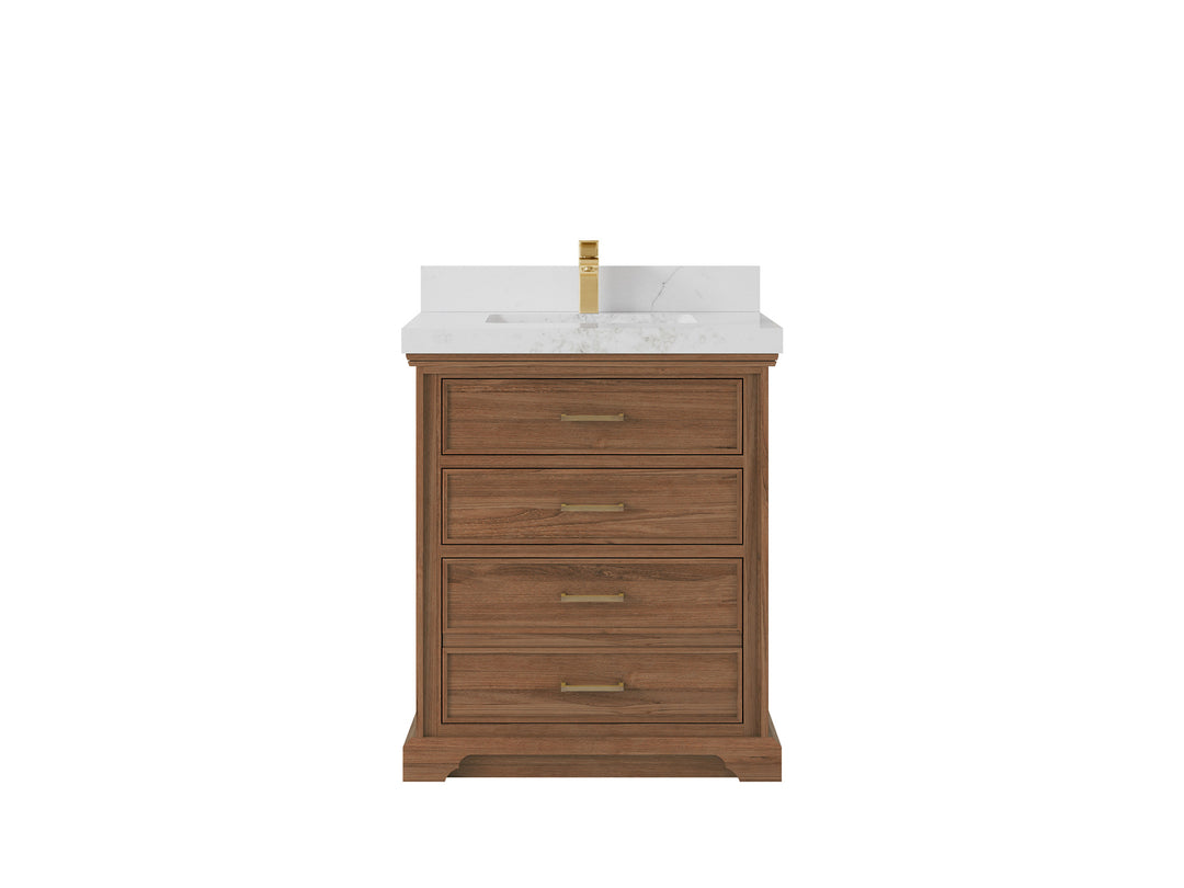 Charlotte Teak 30 in. W x 22 in. D Single Sink Bathroom Vanity in Dark Natural with 2 in Calacatta Nuvo Quartz Countertop 
