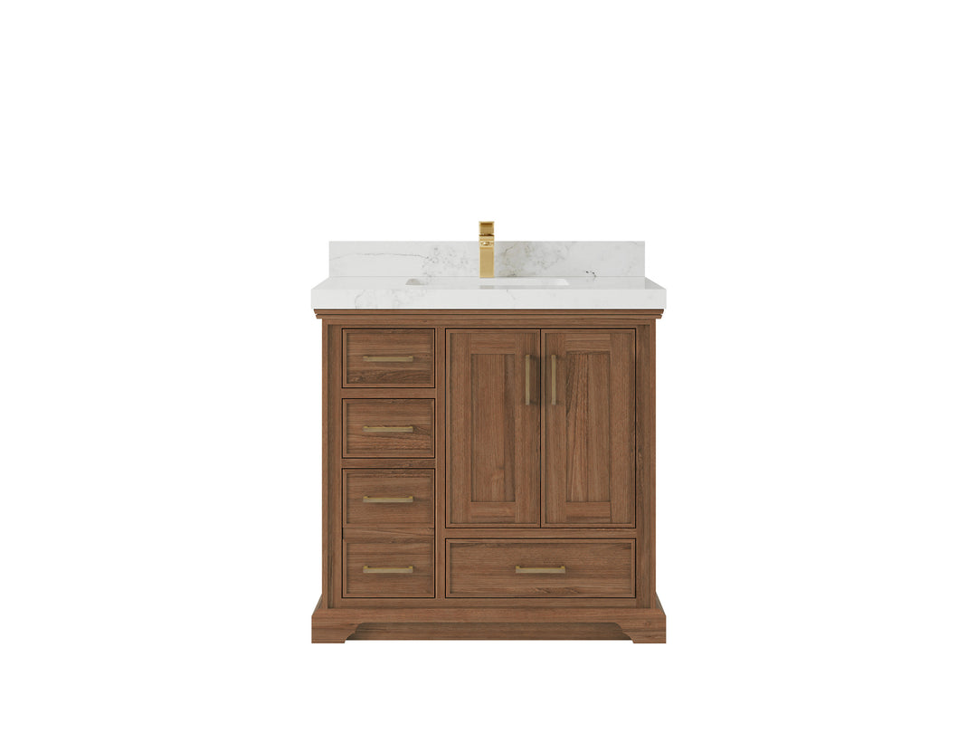 Charlotte Teak 36 in. W x 22 in. D Center Sink Bathroom Vanity in Dark Natural with 2 in Calacatta Nuvo Quartz Countertop 