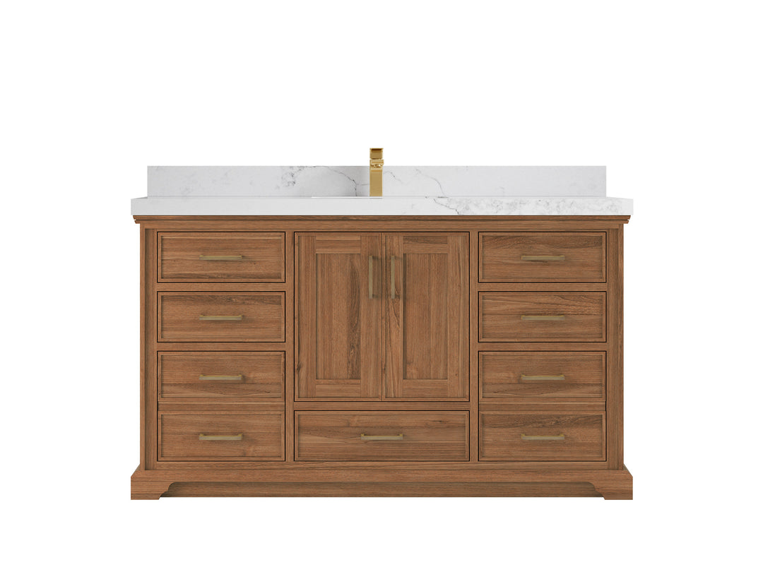 Charlotte Teak 60 in. W x 22 in. D Single Sink Bathroom Vanity in Dark Natural with 2 in Calacatta Nuvo Quartz Countertop 