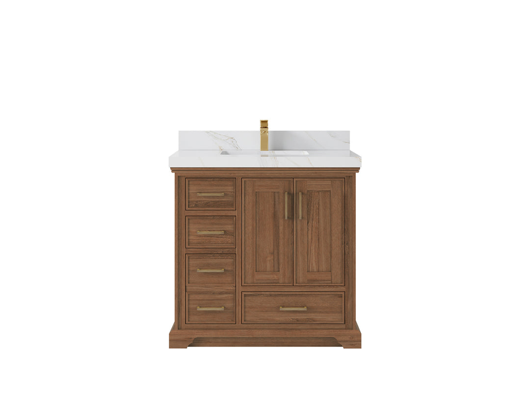 Charlotte Teak 36 in. W x 22 in. D Center Sink Bathroom Vanity in Dark Natural with 2 in Calacatta Sienna Quartz Countertop