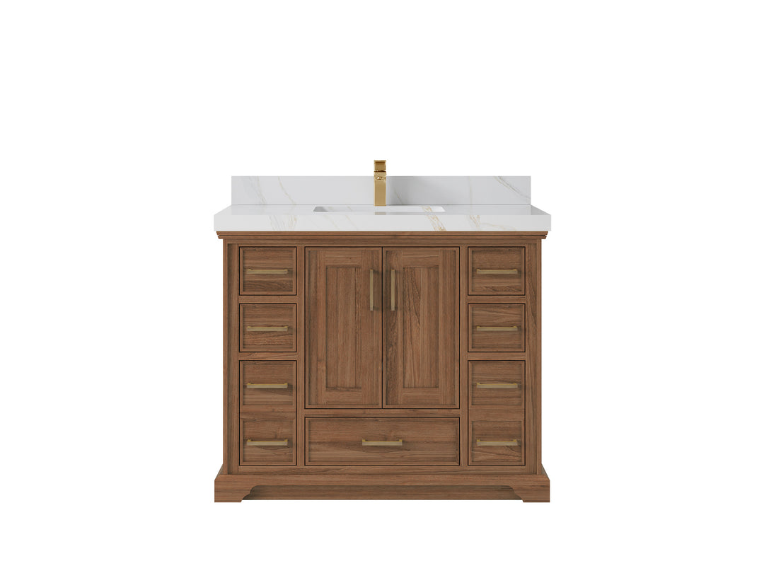 Charlotte Teak 42 in. W x 22 in. D Single Sink Bathroom Vanity in Dark Natural with 2 in Calacatta Sienna Quartz Countertop