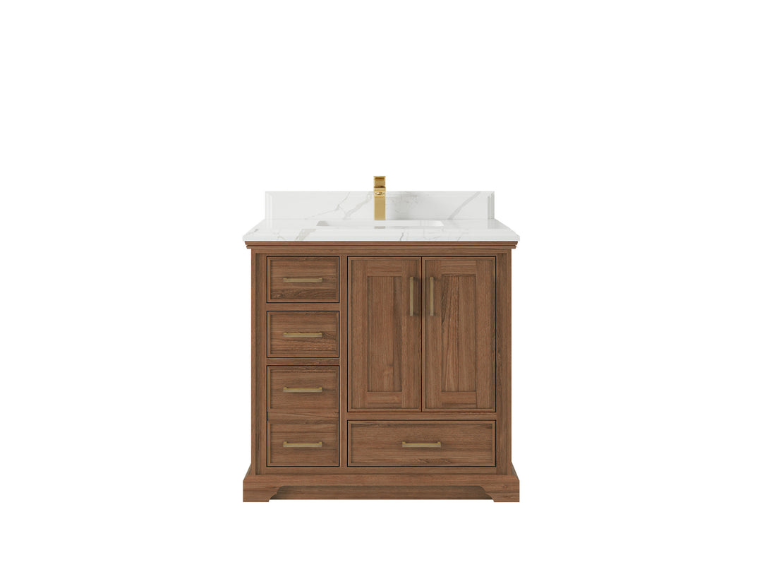 Charlotte Teak 36 in. W x 22 in. D Center Sink Bathroom Vanity in Dark Natural with 1.5 in Calacatta Laza Quartz Countertop